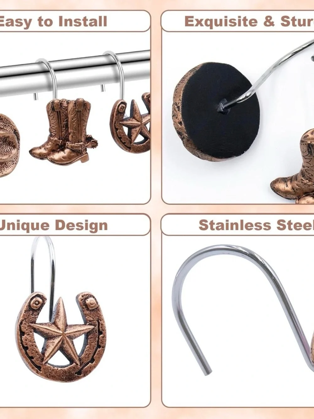 Rustic Copper Western shower curtain hooks - Set of 12